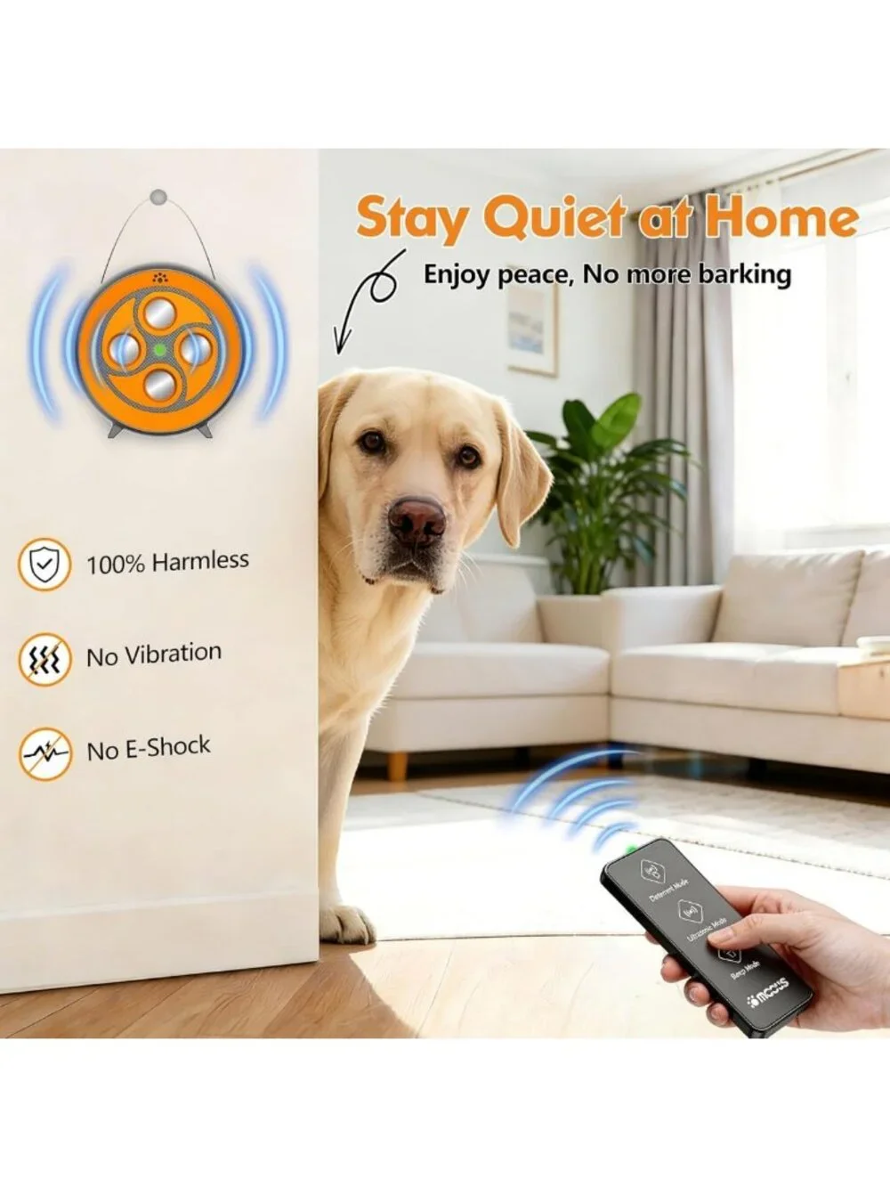 Rechargeable Dog Barking Deterrent with Remote, 6 Adjustable Modes, 200ft Range
